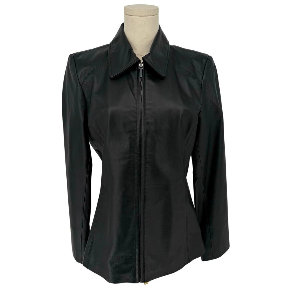 Vintage Minimalist Black Leather Jacket Worthington Full Zip Women's Size S